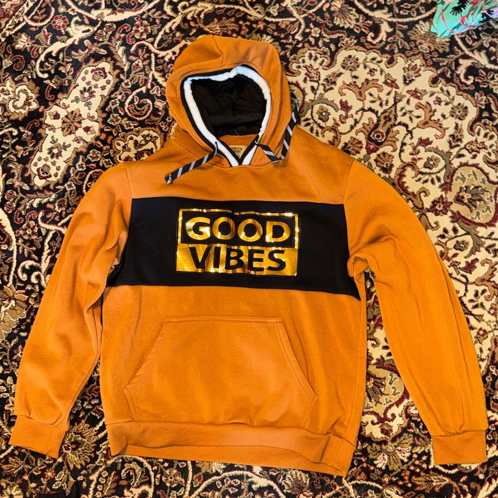 Orange mustard Hoodie with 'Good Vibes' Print Med Brooklyn Laundry